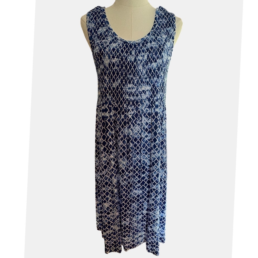 Falls Creek Womens XL Blue White Tie Dye Smocked Lattice Sleeveless Midi Dress